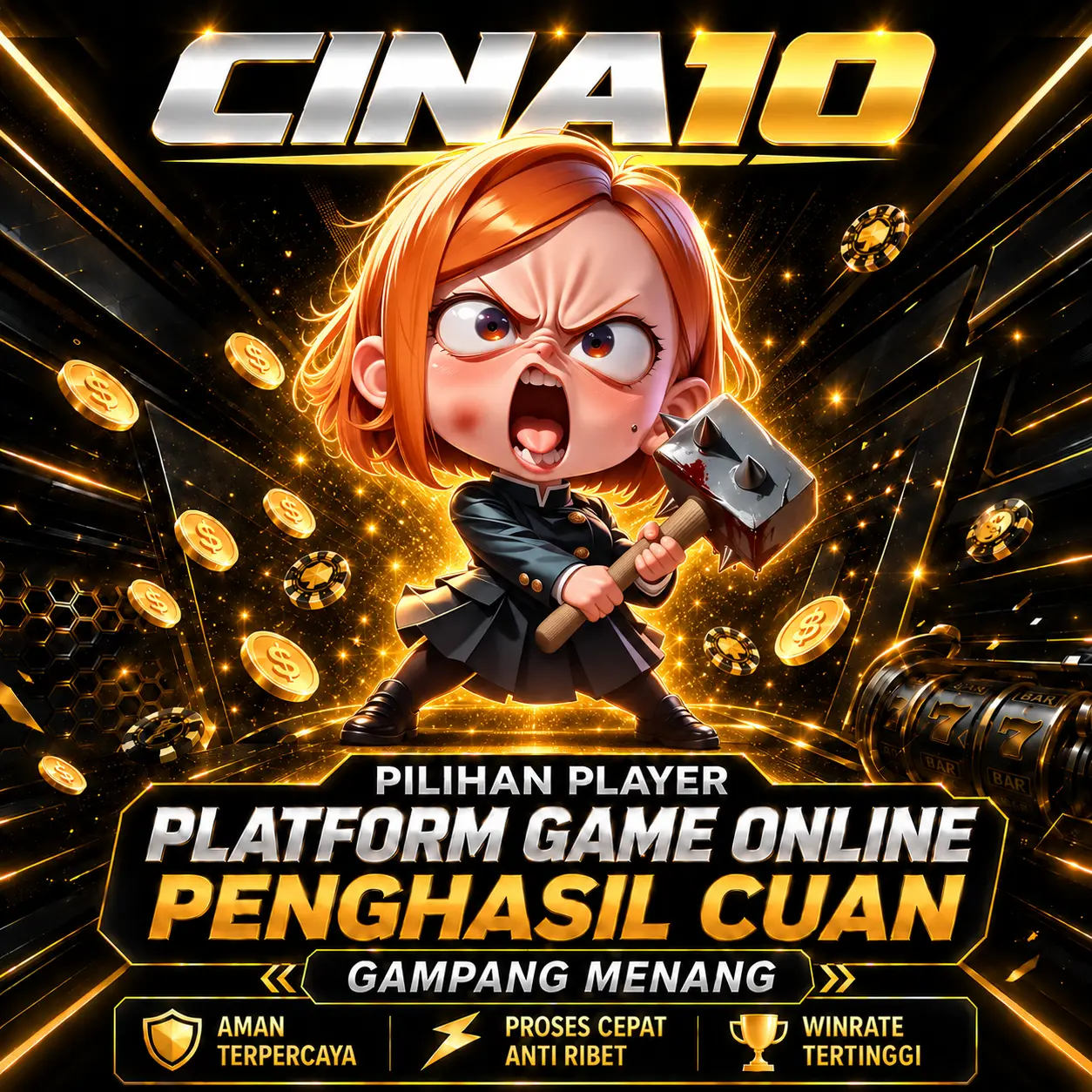 Banner Cina10 bertema hitam dan emas, dengan ilustrasi karakter platform game online.